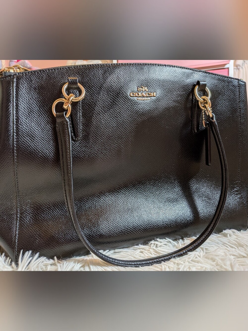 Large Coach Black Leather Bag with Gold Hardware